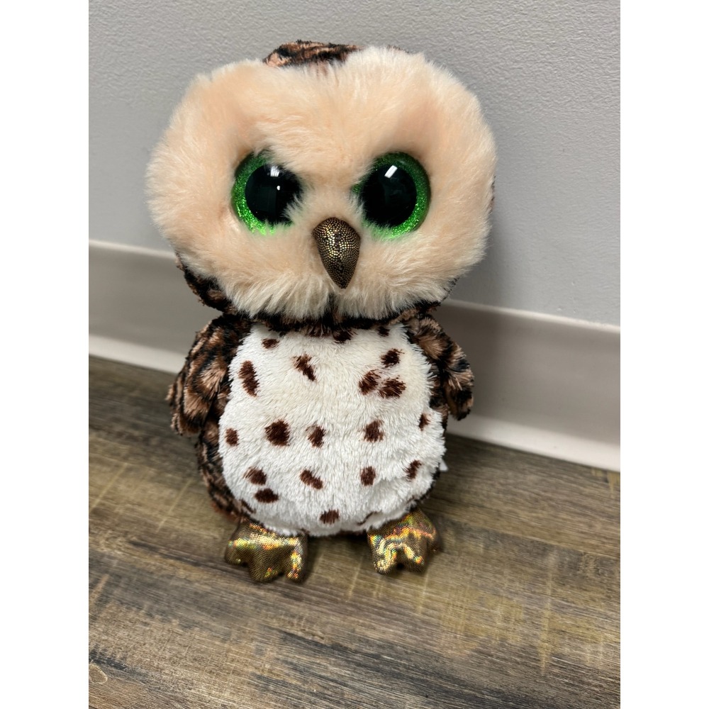 Ty Beanie Boos Sammy the Owl Brown Spotted Plush 6 inch Glitter Eyes 37063